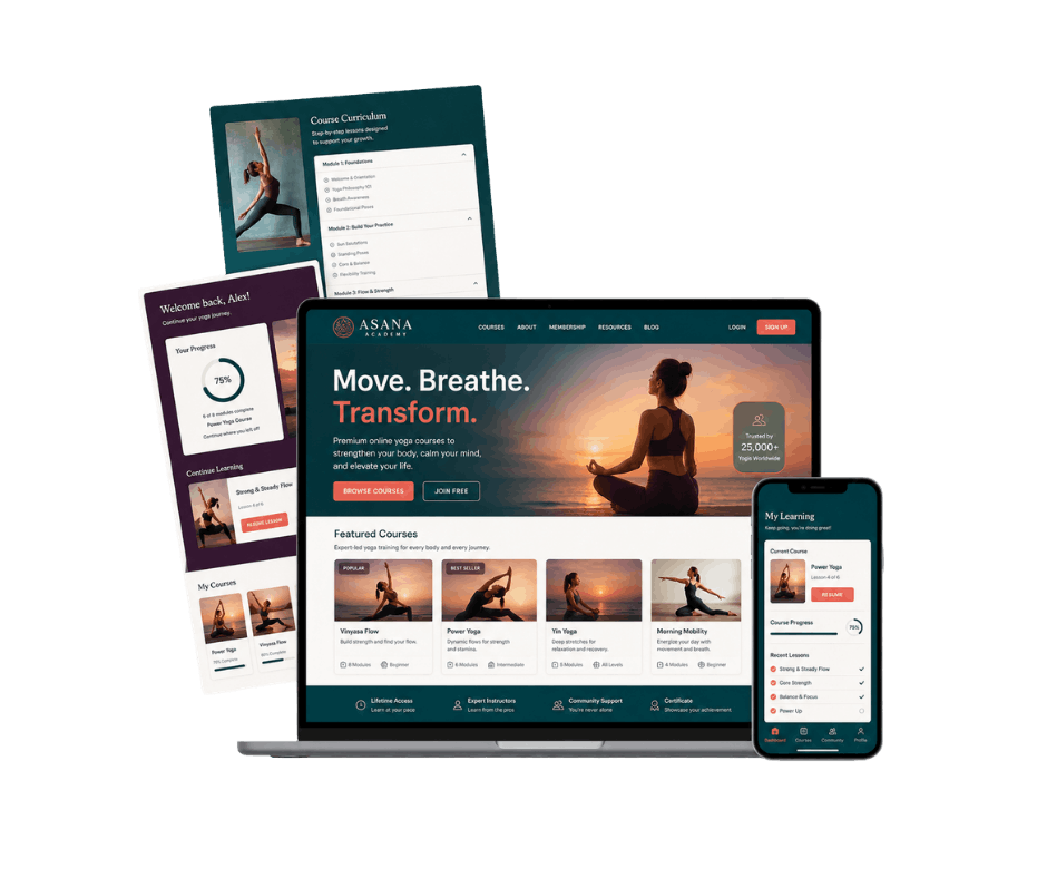 LifterLMS course website mockup for an online yoga course