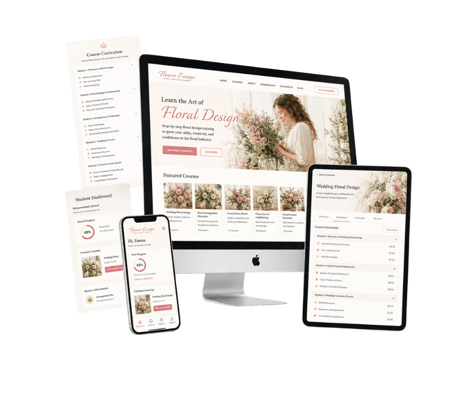 LifterLMS course website mockup for a flower design course