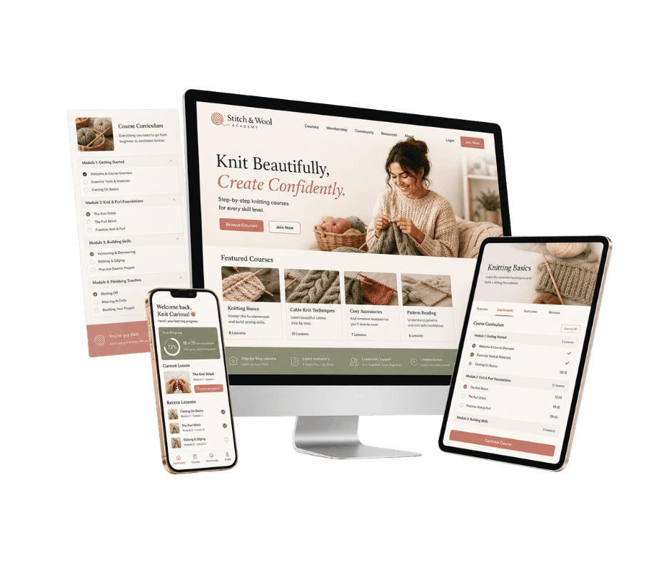 LifterLMS course website mockup for a knitting course