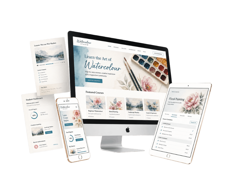 LifterLMS course website mockup for a watercolour painting course